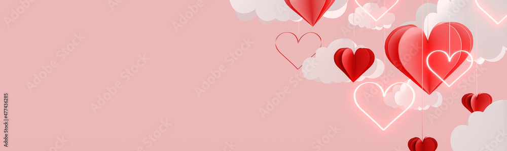 Paper hearts between the clouds. Valentine's day concept on pink background 3D Rendering, 3D Illustration - obrazy, fototapety, plakaty 