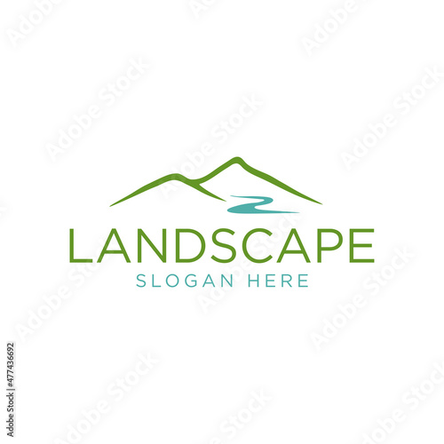 Minimalist Landscape Hills, Mountain Peaks River Creek Simple logo design Vector
