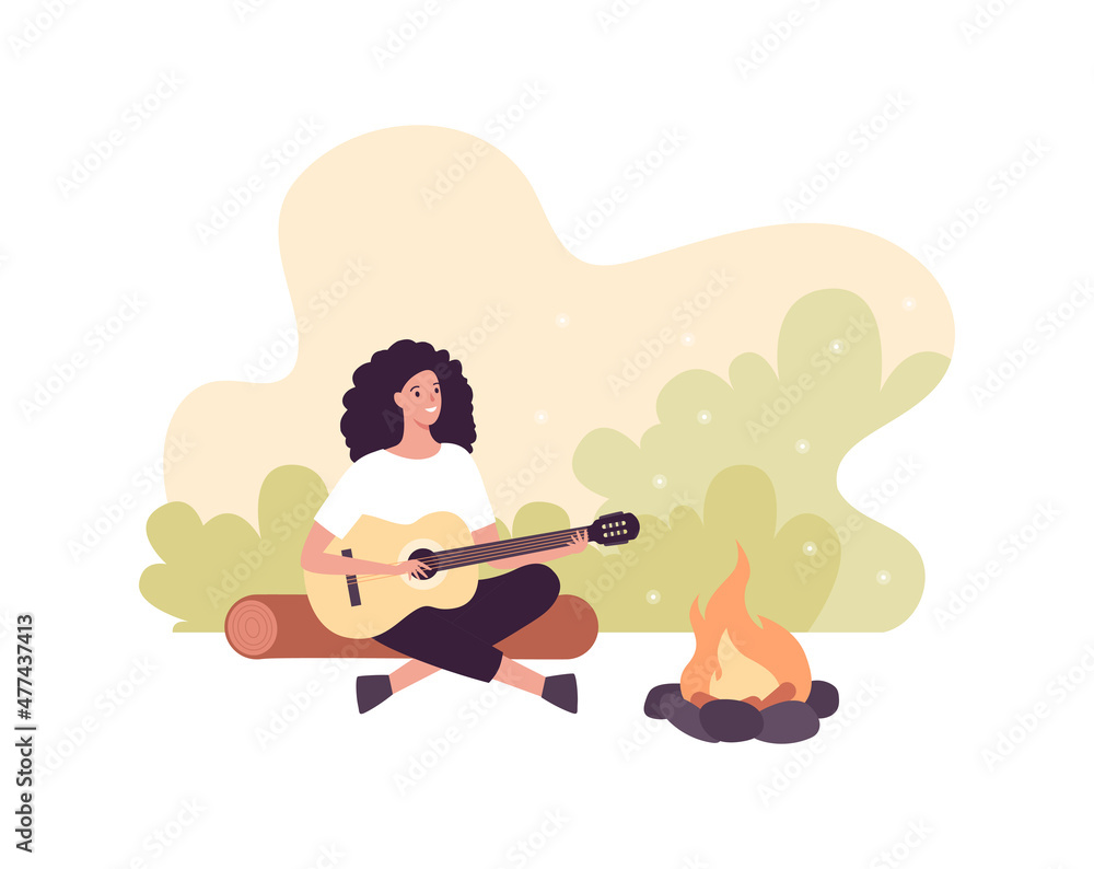 Tourism and hike adventure concept. Vector flat people illustration. Female tourist sitting and playing guitar. Bonfire on abstract forest background. Design for nature park trekking journey. Tourism and hike adventure concept. Vector flat people illustration. Female tourist sitting and playing guitar. Bonfire on abstract forest background. Design for nature park trekking journey.