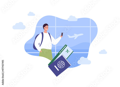 Tourism and airplane travel concept. Vector flat people illustration. Man tourist hold smartphone in hand. Passport and ticket symbol on airport window with plane background.