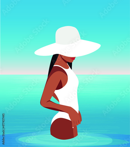 Digital illustration of a girl on vacation swims in the ocean and posing against a sunset background