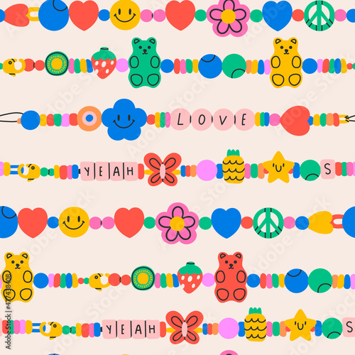 Plastic beads Bracelets. Old school colorful funky bracelets with letters, star, heart, peace sign, gummy bear, flower. Cartoon 90s style. Hand drawn Vector illustration. Square seamless Pattern