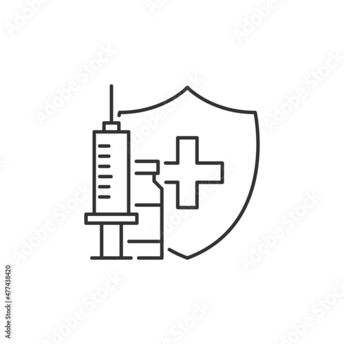Shield with syringe vaccine line icon. Editable stroke