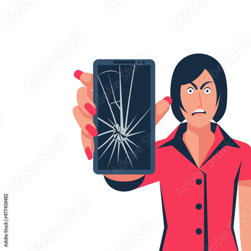 Smartphone with cracked screen in woman hand. Broken phone. Angry face young guy. Crack on screen. Vector illustration flat design style. Mobile phone is broken. Cellphone defective.