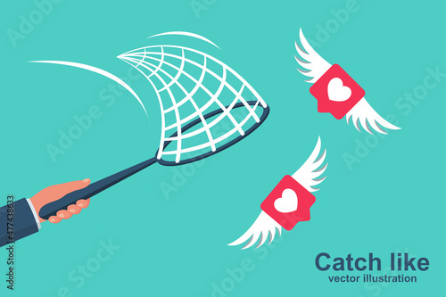 Catch like. Man catches flying like. Man catches flying heart. Hearts with wings. Attracting new users. Social development of content. Vector illustration flat design.