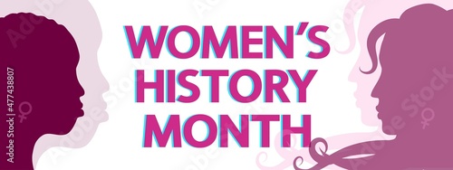 Women's History Month vector concept. Modern lettering and female silhouettes on white.