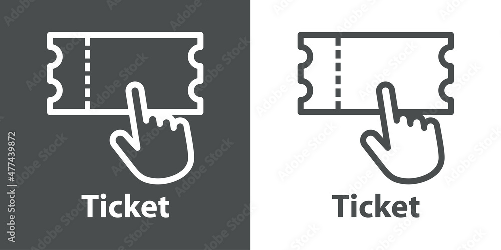 Logo compra entrada online. Icono ticket con mano como cursor con líneas en fondo gris y fondo blanco Logo compra entrada online. Icono ticket con mano como cursor con líneas en fondo gris y fondo blanco