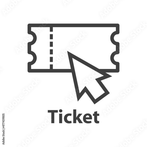 Logo compra entrada online. Icono ticket con flecha como cursor con líneas en color gris