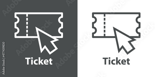 Logo compra entrada online. Icono ticket con flecha como cursor con líneas en fondo gris y fondo blanco