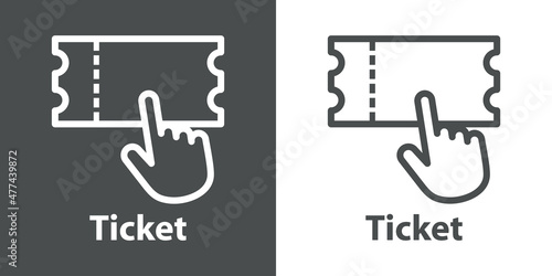 Logo compra entrada online. Icono ticket con mano como cursor con líneas en fondo gris y fondo blanco