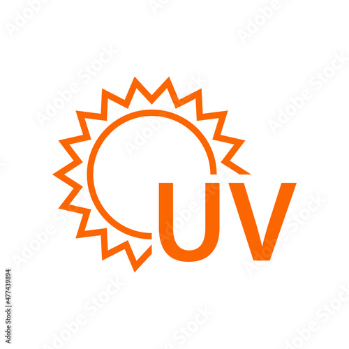 Concepto vacaciones de verano. Crema solar. Logotipo lineal con texto UV con sol en color naranja