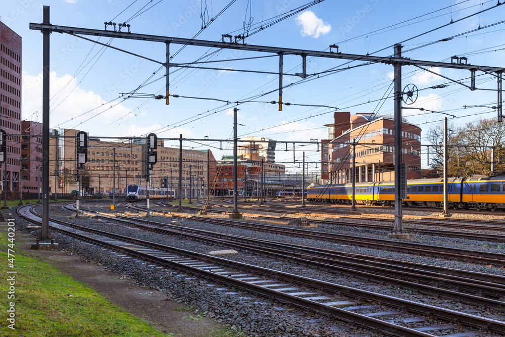 Fototapeta premium Trains depart and arrive at Amersfoort Central Station.