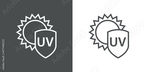 Concepto vacaciones de verano. Crema solar. Logotipo lineal con texto UV en escudo con sol en fondo gris y fondo blanco