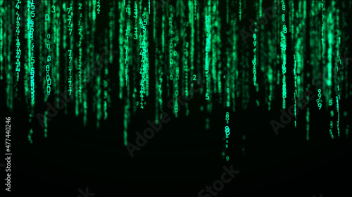 Digital background green matrix. Coding or hacking concept. Flow of random numbers. 3D rendering.