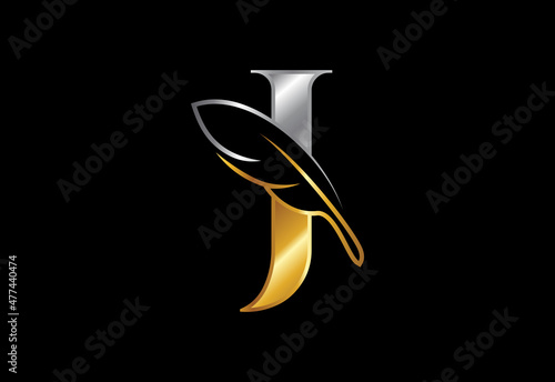 Initial J alphabet with a feather. Law firm icon sign symbol. Logo for a writer or publishers