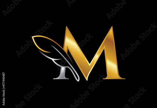 Initial M alphabet with a feather. Law firm icon sign symbol. Logo for a writer or publishers