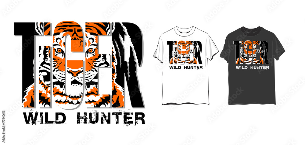 Tiger wild hunter. Graphic t-shirt design with tiger head. Vector illustration for t-shirt.