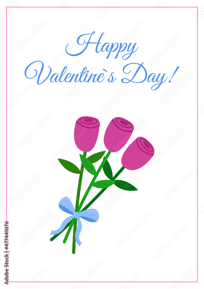 Bouquet of cute pink flowers roses isolated. Happy Valentines Day greeting card. Vector flat illustration