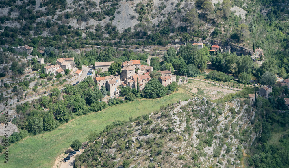 Panorama du village du Cirque de Navacelles, Grands sites de France, Gard, Sud de la France.	