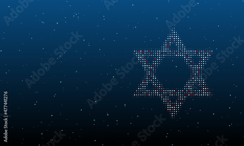 On the right is the star of David symbol filled with white dots. Background pattern from dots and circles of different shades. Vector illustration on blue background with stars