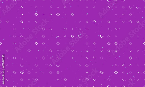 Seamless background pattern of evenly spaced white refresh symbols of different sizes and opacity. Vector illustration on purple background with stars