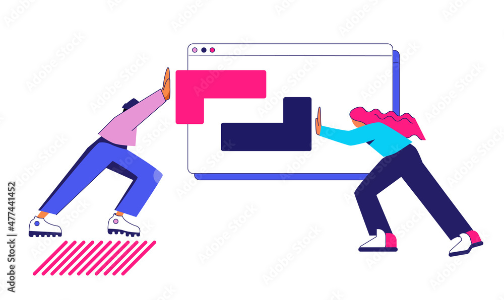 The concept of joint development - a man and a woman combine blocks - elements of the puzzle towards each other in the form of a browser. Stylized illustration isolated on white background The concept of joint development - a man and a woman combine blocks - elements of the puzzle towards each other in the form of a browser. Stylized illustration isolated on white background