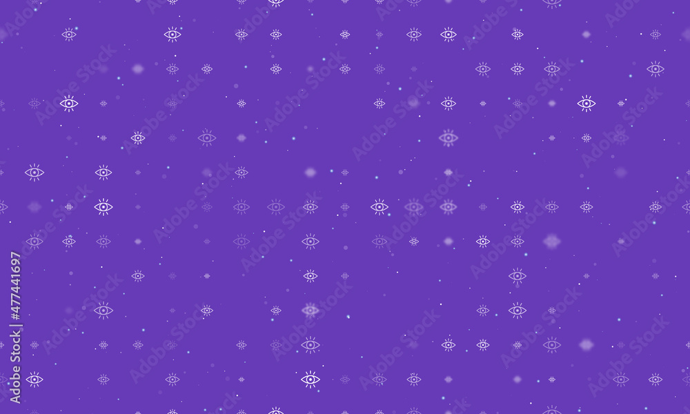Seamless background pattern of evenly spaced white vision symbols of different sizes and opacity. Vector illustration on deep purple background with stars