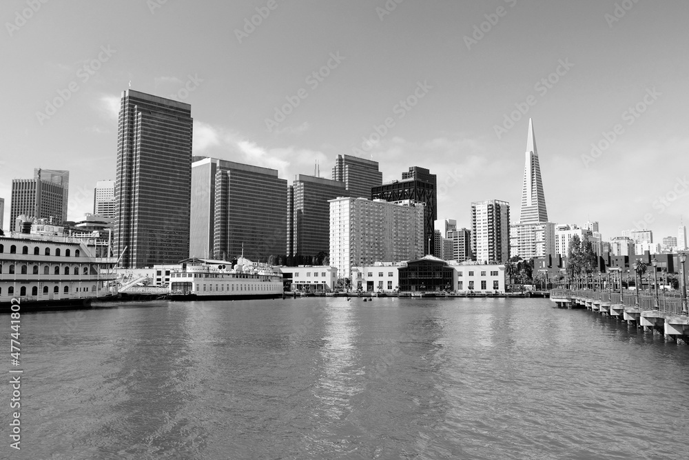 San Francisco skyline. Black and white photo.