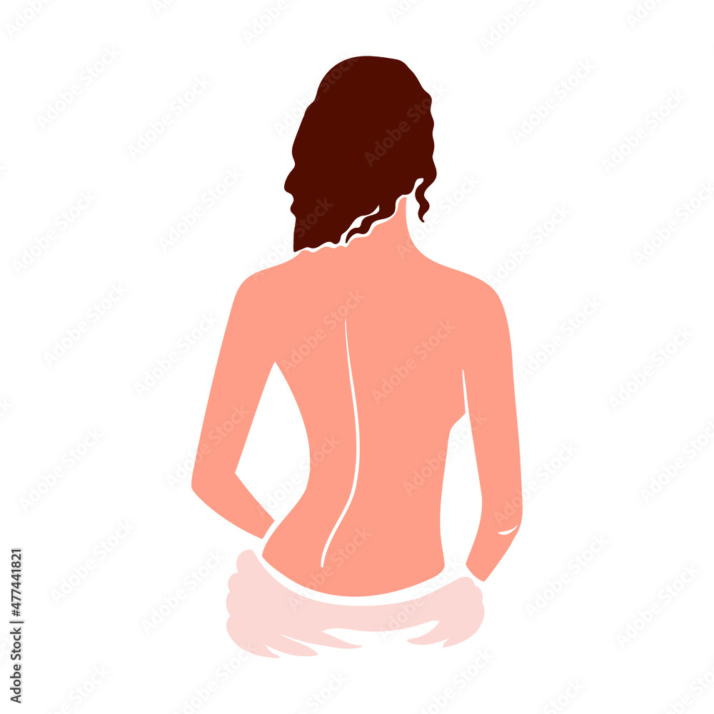 Beautiful naked woman with her back in a bath towel on her waist. Stock vector illustration isolated on white background. Beautiful naked woman with her back in a bath towel on her waist. Stock vector illustration isolated on white background.