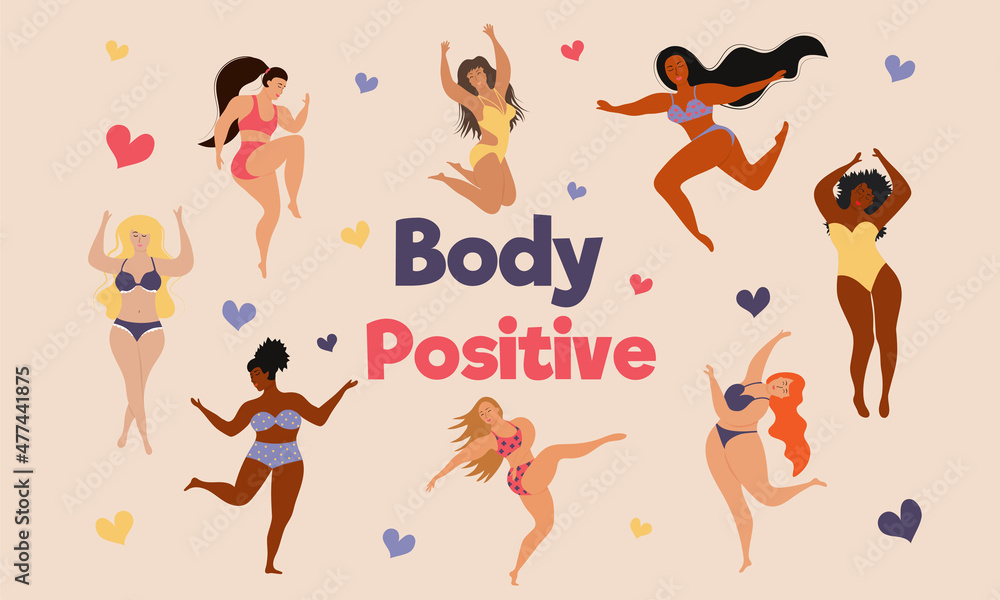 Happy body positive different sizes and races women. Female freedom, girl power or international women's day. 