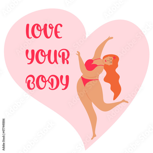 Body-positive redhead woman dressed in a swimsuit. Inscription Love your body. Concept of body-positive, feminism, self-acceptance and liberty.
