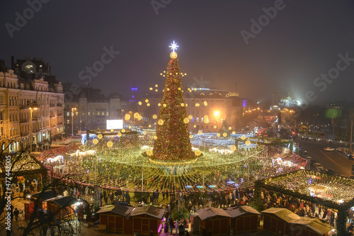 Aerial view of Christmas tree at the St Sophia Sofiyska square in central Kyiv, Ukraine. December 2021