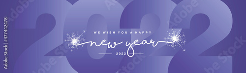 We wish you Happy New Year 2022 line designed handwritten lettering white purple very peri background with sparkle firework greeting card