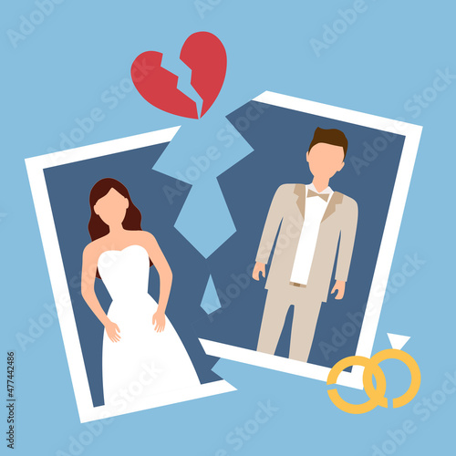 A torn photo of wedding couple in flat design. Love hurts. Breakup lover or divorced marriage.