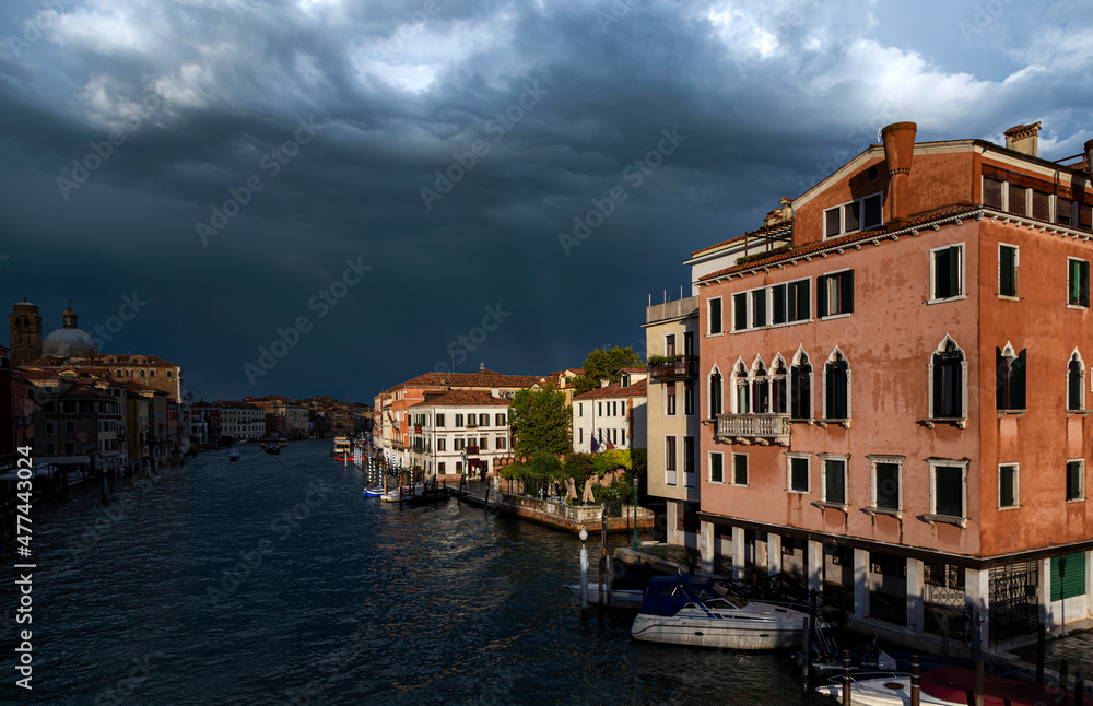 Grand Canal  with historical buildings panorama near the Rialto bridge, Venice, Italy