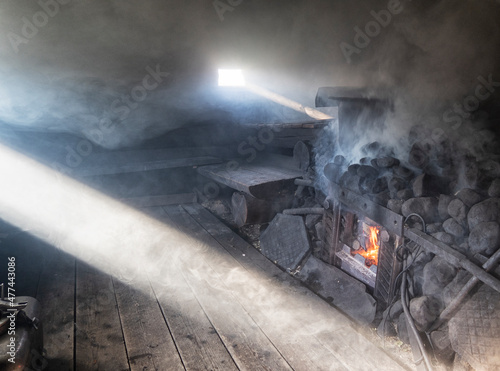 Russian smoke sauna on the shore of Lake Onega. photo