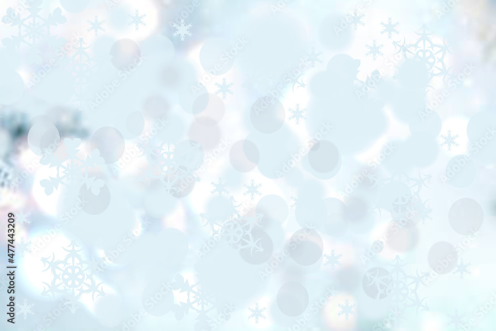 Abstract blurred festive winter christmas or Happy New Year background with shiny blue and white bokeh lighted stars. Space for your design. Card concept.