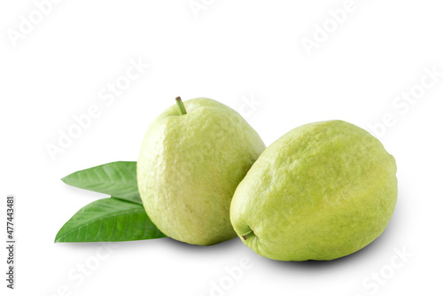Delicious guava fruit with leaf isolated on white background.