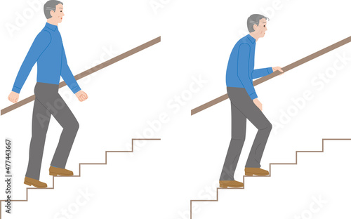 階段を健康に上がる高齢者と苦しい高齢者。
