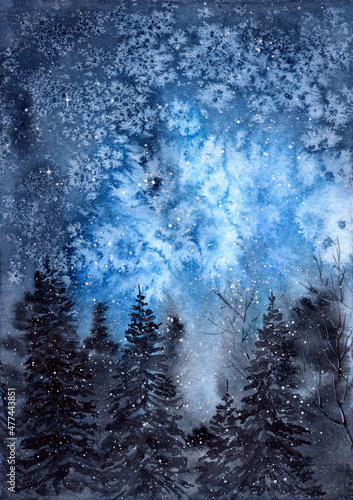 Watercolor illustration of a dark fir forest under a dark blue night sky strewn with stars and falling snow