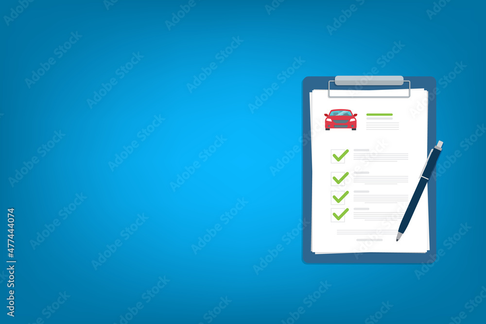 Car insurance document, report. Paper agreement checklist or loan checkmarks form list approved with automobile icon, vehicle financial, car dealership legal deal. Car insurance document, report. Paper agreement checklist or loan checkmarks form list approved with automobile icon, vehicle financial, car dealership legal deal.