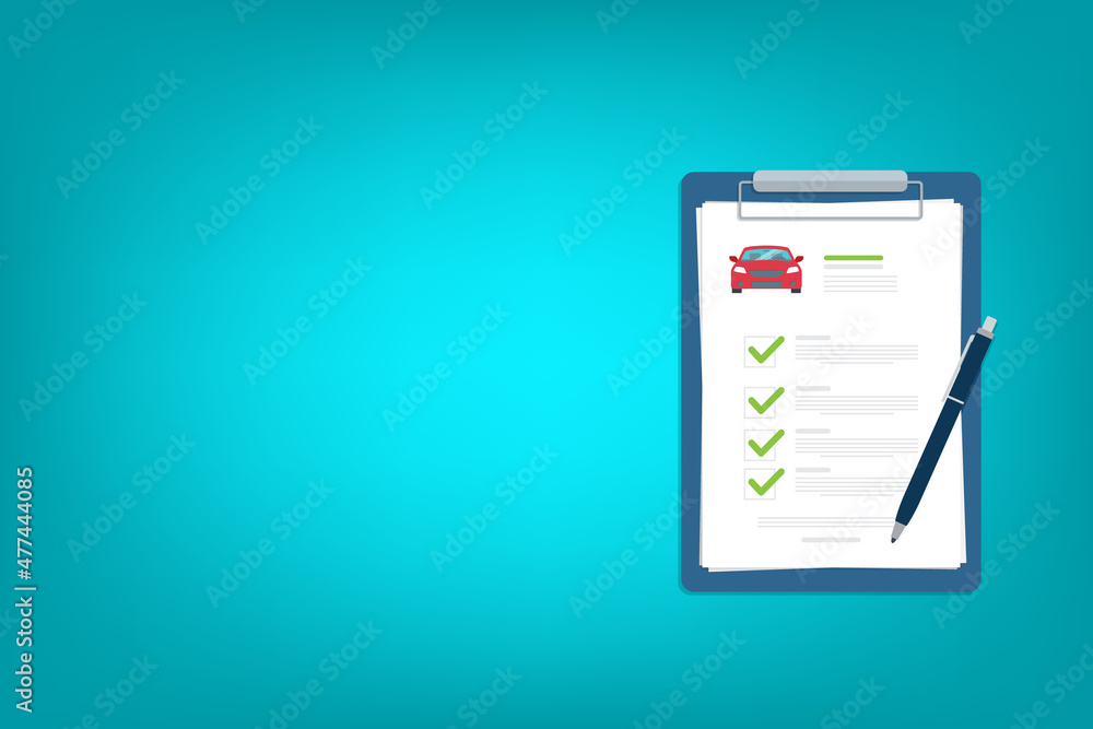 Car insurance document, report. Paper agreement checklist or loan checkmarks form list approved with automobile icon, vehicle financial, car dealership legal deal. Car insurance document, report. Paper agreement checklist or loan checkmarks form list approved with automobile icon, vehicle financial, car dealership legal deal.