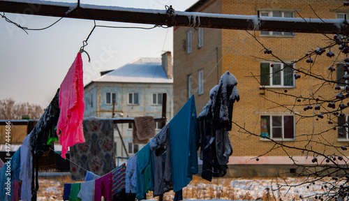 Drying the laundry after washing. Russia, Rural landscape.
