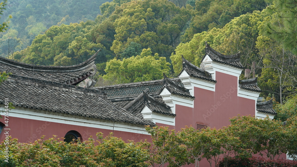 The beautiful traditional Chinese village view with the classical architecture and fresh green trees as background in spring