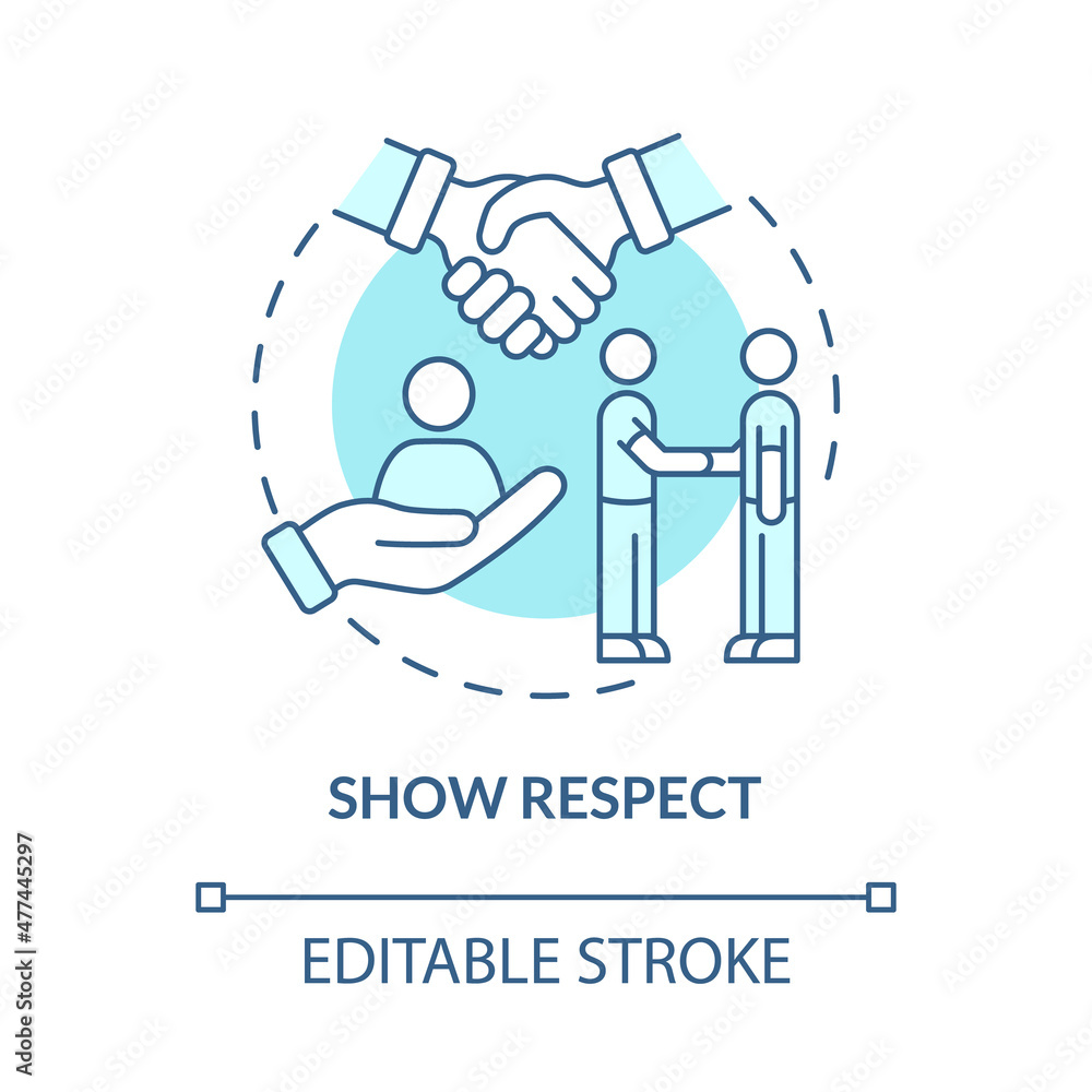 Show respect turquoise concept icon. Appreciation, esteem. Customer service abstract idea thin line illustration. Isolated outline drawing. Editable stroke. Roboto-Medium, Myriad Pro-Bold fonts used Show respect turquoise concept icon. Appreciation, esteem. Customer service abstract idea thin line illustration. Isolated outline drawing. Editable stroke. Roboto-Medium, Myriad Pro-Bold fonts used
