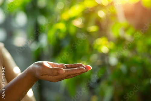 Technology, hand holding with environment Icons over the Network connection on green background © maeching