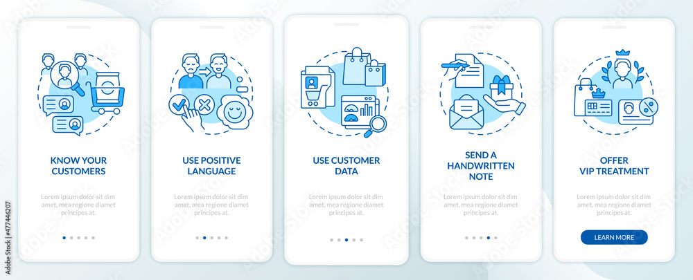 Customer assistance tips blue onboarding mobile app screen. Walkthrough 5 steps graphic instructions pages with linear concepts. UI, UX, GUI template. Myriad Pro-Bold, Regular fonts used