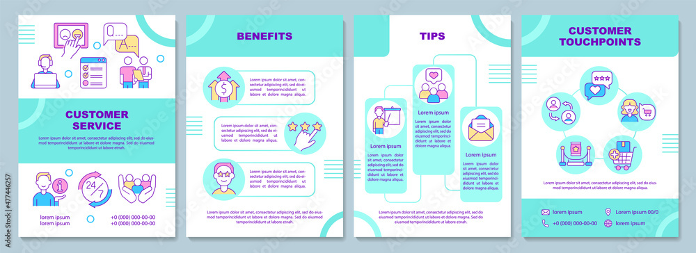 Customer service brochure template. Benefits and advice. Booklet print design with linear icons. Vector layouts for presentation, annual reports, ads. Arial-Black, Myriad Pro-Regular fonts used
