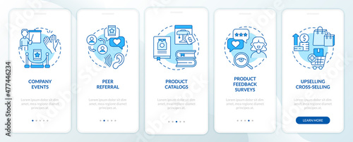 Customer touchpoints blue onboarding mobile app screen. Product promo walkthrough 5 steps graphic instructions pages with linear concepts. UI, UX, GUI template. Myriad Pro-Bold, Regular fonts used