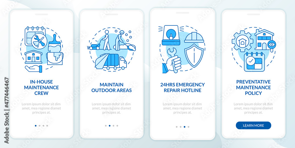 Maintenance, repair and remodeling blue onboarding mobile app screen. Fix walkthrough 4 steps graphic instructions pages with linear concepts. UI, UX, GUI template. Myriad Pro-Bold, Regular fonts used